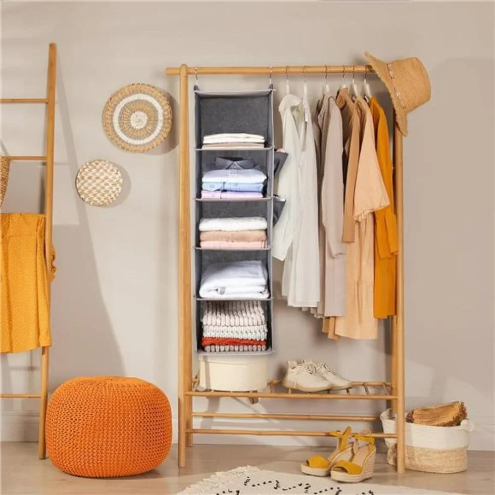 Hanging closet organizer 5 tier shelves with side pockets foldable storage grey